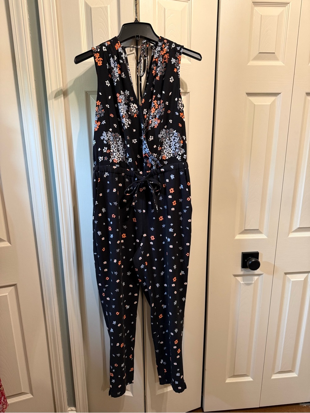 LOFT Black Floral Sleeveless Jumpsuit with Tie Waist